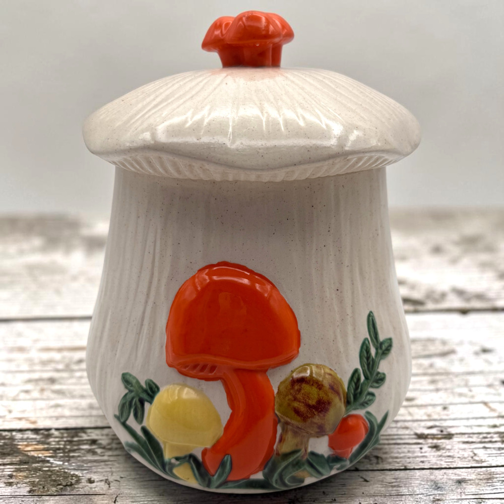 Vintage Arnels Mushroom Canister with Lid Ceramic Cookie Jar Cottage Core 8" H
